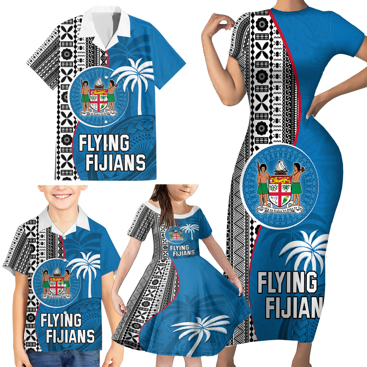 Custom Fiji Rugby Family Matching Short Sleeve Bodycon Dress and Hawaiian Shirt Coat of Arms Palm Tree Mix Polynesia Tapa Pattern LT03 - Polynesian Pride