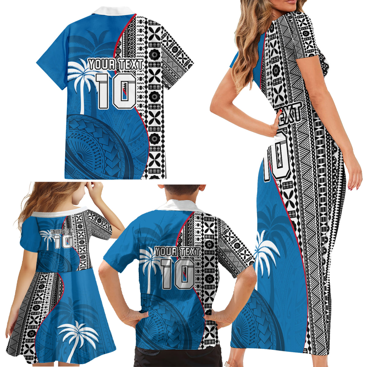 Custom Fiji Rugby Family Matching Short Sleeve Bodycon Dress and Hawaiian Shirt Coat of Arms Palm Tree Mix Polynesia Tapa Pattern LT03 - Polynesian Pride