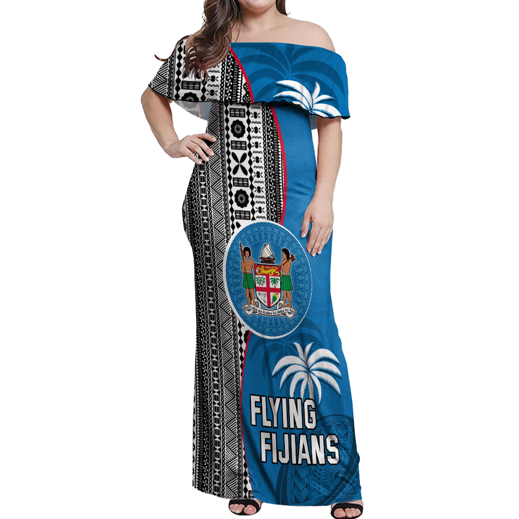 Custom Fiji Rugby Off Shoulder Maxi Dress Coat of Arms Palm Tree Mix Polynesia Tapa Pattern LT03 Women Blue - Polynesian Pride