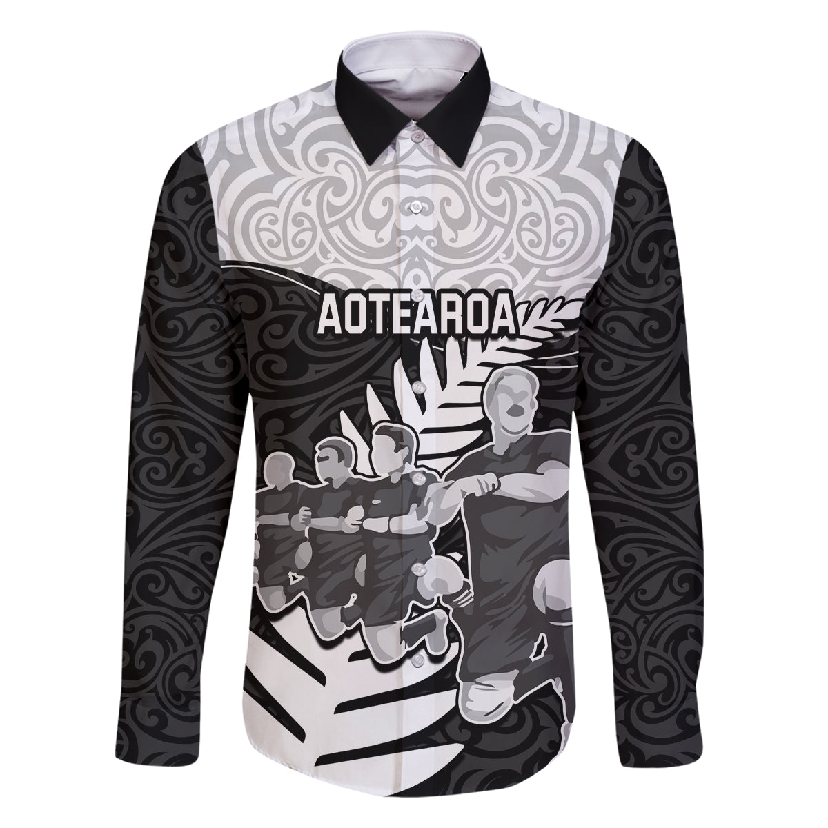 New Zealand World Cup 2023 Family Matching Off Shoulder Maxi Dress and Hawaiian Shirt Aotearoa Haka Rugby with Silver Fern Maori Ethnic Pattern LT03 Dad's Shirt - Long Sleeve Black - Polynesian Pride