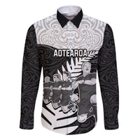 New Zealand World Cup 2023 Family Matching Off Shoulder Short Dress and Hawaiian Shirt Aotearoa Haka Rugby with Silver Fern Maori Ethnic Pattern LT03 Dad's Shirt - Long Sleeve Black - Polynesian Pride