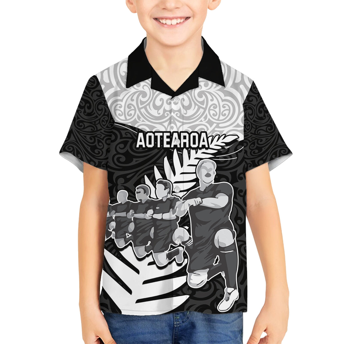 Custom New Zealand World Cup 2023 Family Matching Off Shoulder Short Dress and Hawaiian Shirt Aotearoa Haka Rugby with Silver Fern Maori Ethnic Pattern LT03 Son's Shirt Black - Polynesian Pride