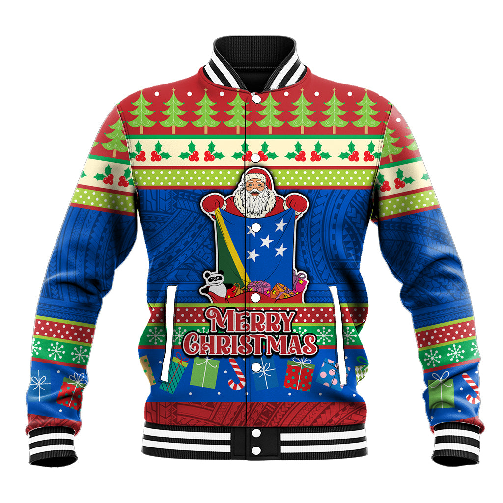 Solomon Islands Christmas Baseball Jacket Santa With Flag Of Solomon Polynesian Tribal Xmas Vibe LT03 Unisex Blue - Polynesian Pride