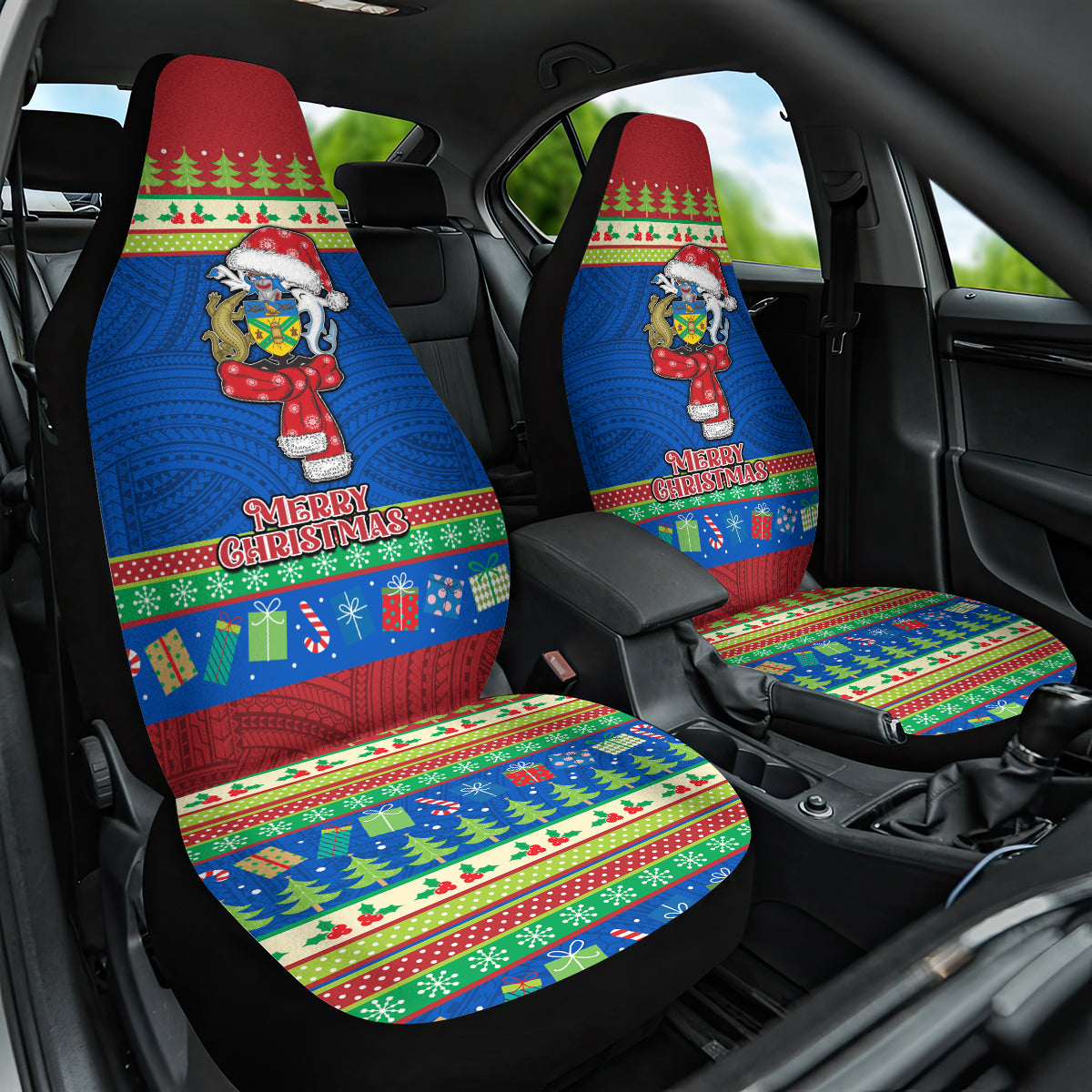 Solomon Islands Christmas Car Seat Cover Santa With Flag Of Solomon Polynesian Tribal Xmas Vibe LT03 One Size Blue - Polynesian Pride