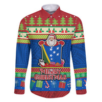 Solomon Islands Christmas Family Matching Summer Maxi Dress and Hawaiian Shirt Santa With Flag Of Solomon Polynesian Tribal Xmas Vibe LT03 Dad's Shirt - Long Sleeve Blue - Polynesian Pride