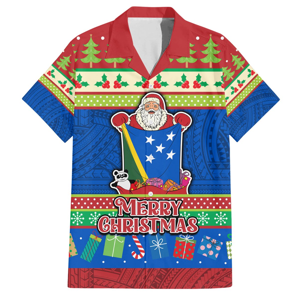 Solomon Islands Christmas Hawaiian Shirt Santa With Flag Of Solomon Polynesian Tribal Xmas Vibe LT03 Blue - Polynesian Pride