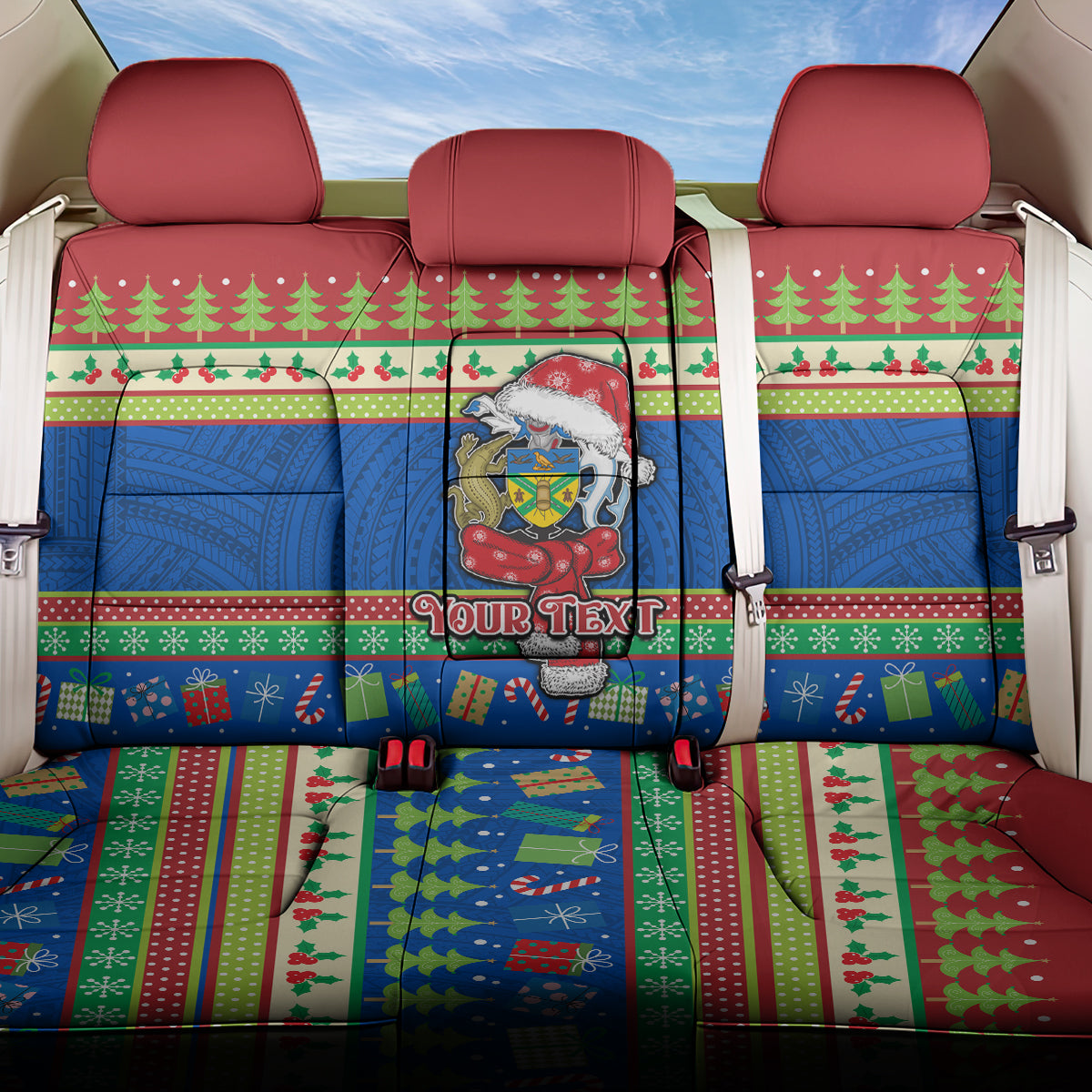 Personalised Solomon Islands Christmas Back Car Seat Cover Santa With Flag Of Solomon Polynesian Tribal Xmas Vibe LT03 One Size Blue - Polynesian Pride