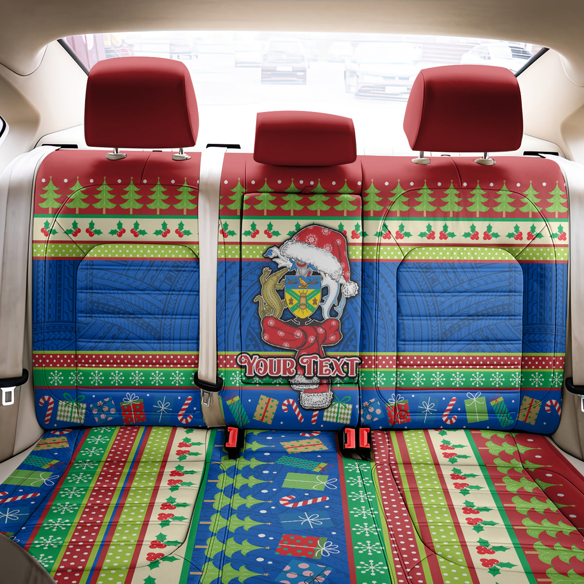 Personalised Solomon Islands Christmas Back Car Seat Cover Santa With Flag Of Solomon Polynesian Tribal Xmas Vibe LT03 - Polynesian Pride