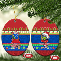 Personalised Solomon Islands Christmas Ceramic Ornament Santa With Flag Of Solomon Polynesian Tribal Xmas Vibe LT03 Oval Blue - Polynesian Pride