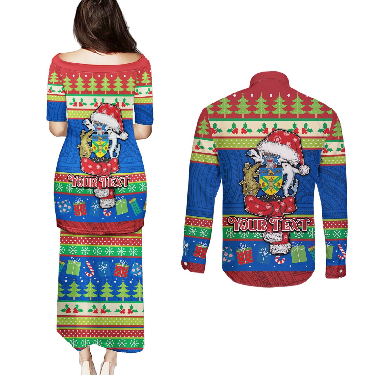 Personalised Solomon Islands Christmas Couples Matching Puletasi Dress and Long Sleeve Button Shirt Santa With Flag Of Solomon Polynesian Tribal Xmas Vibe LT03 - Polynesian Pride