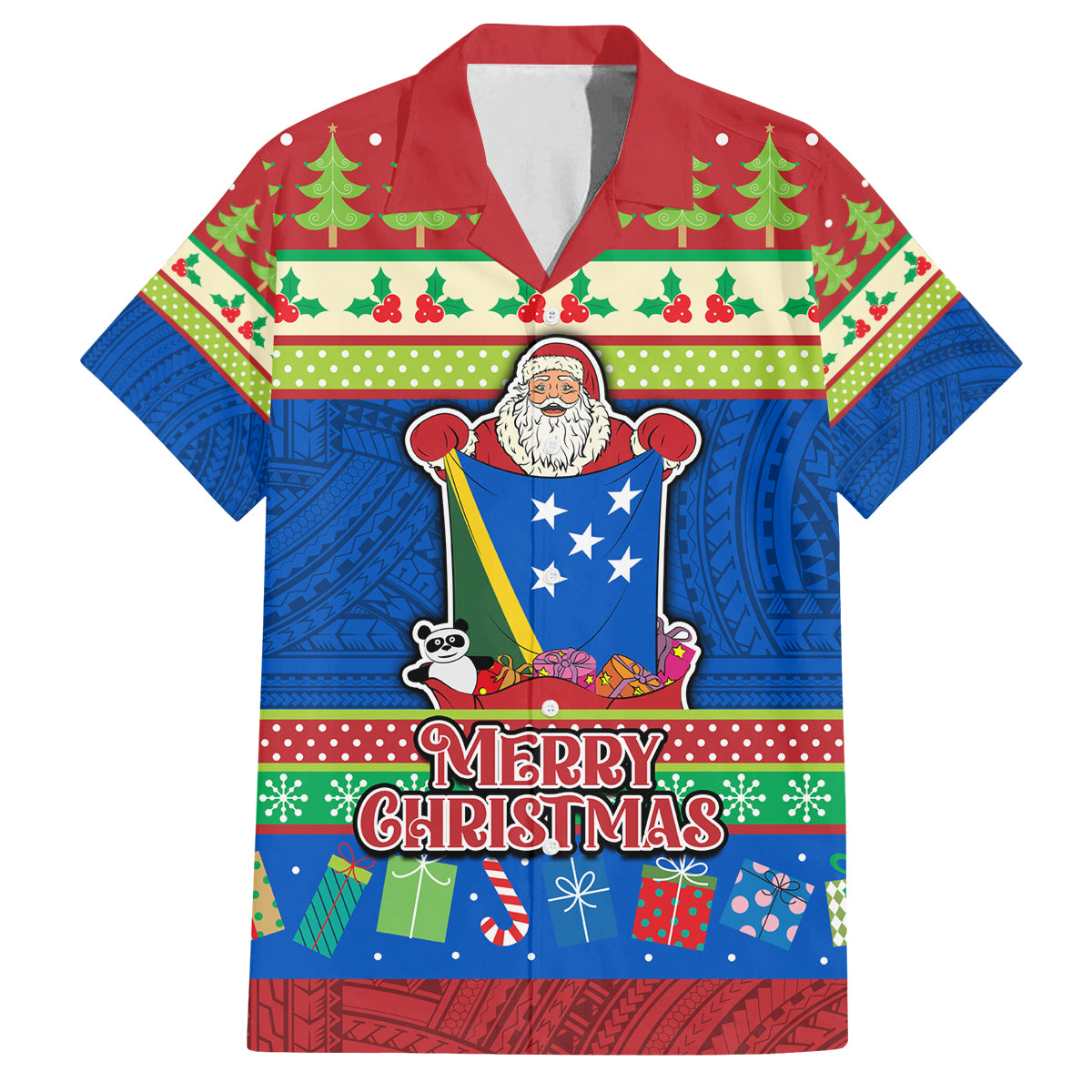 Personalised Solomon Islands Christmas Family Matching Off Shoulder Long Sleeve Dress and Hawaiian Shirt Santa With Flag Of Solomon Polynesian Tribal Xmas Vibe LT03 Dad's Shirt - Short Sleeve Blue - Polynesian Pride