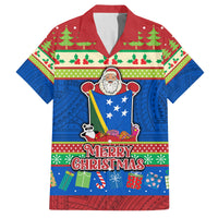 Personalised Solomon Islands Christmas Family Matching Off Shoulder Long Sleeve Dress and Hawaiian Shirt Santa With Flag Of Solomon Polynesian Tribal Xmas Vibe LT03 Dad's Shirt - Short Sleeve Blue - Polynesian Pride