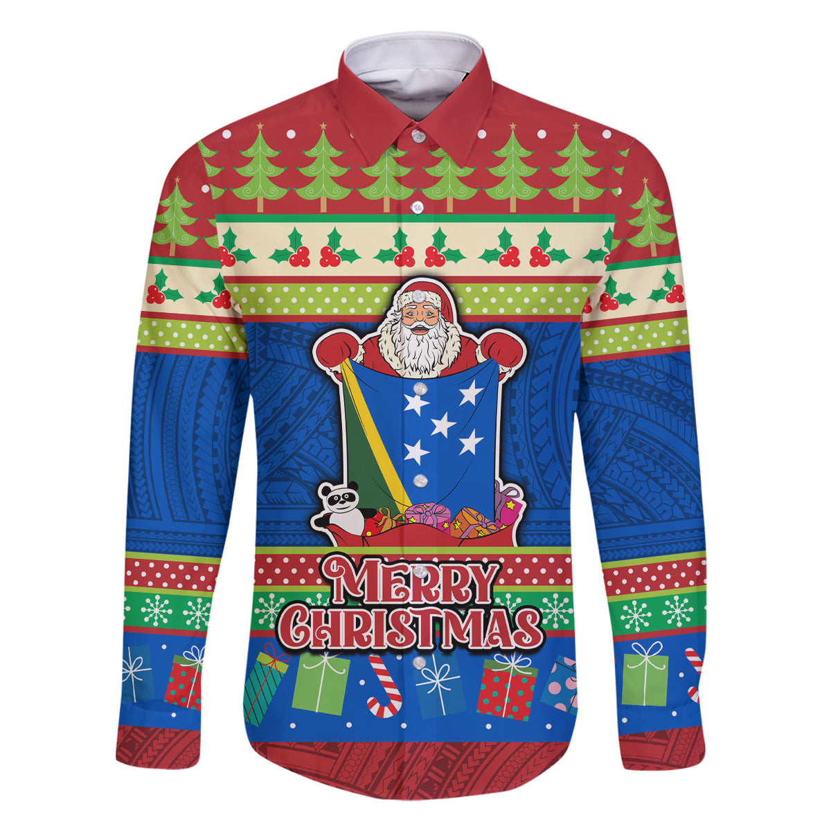 Personalised Solomon Islands Christmas Family Matching Summer Maxi Dress and Hawaiian Shirt Santa With Flag Of Solomon Polynesian Tribal Xmas Vibe LT03 Dad's Shirt - Long Sleeve Blue - Polynesian Pride