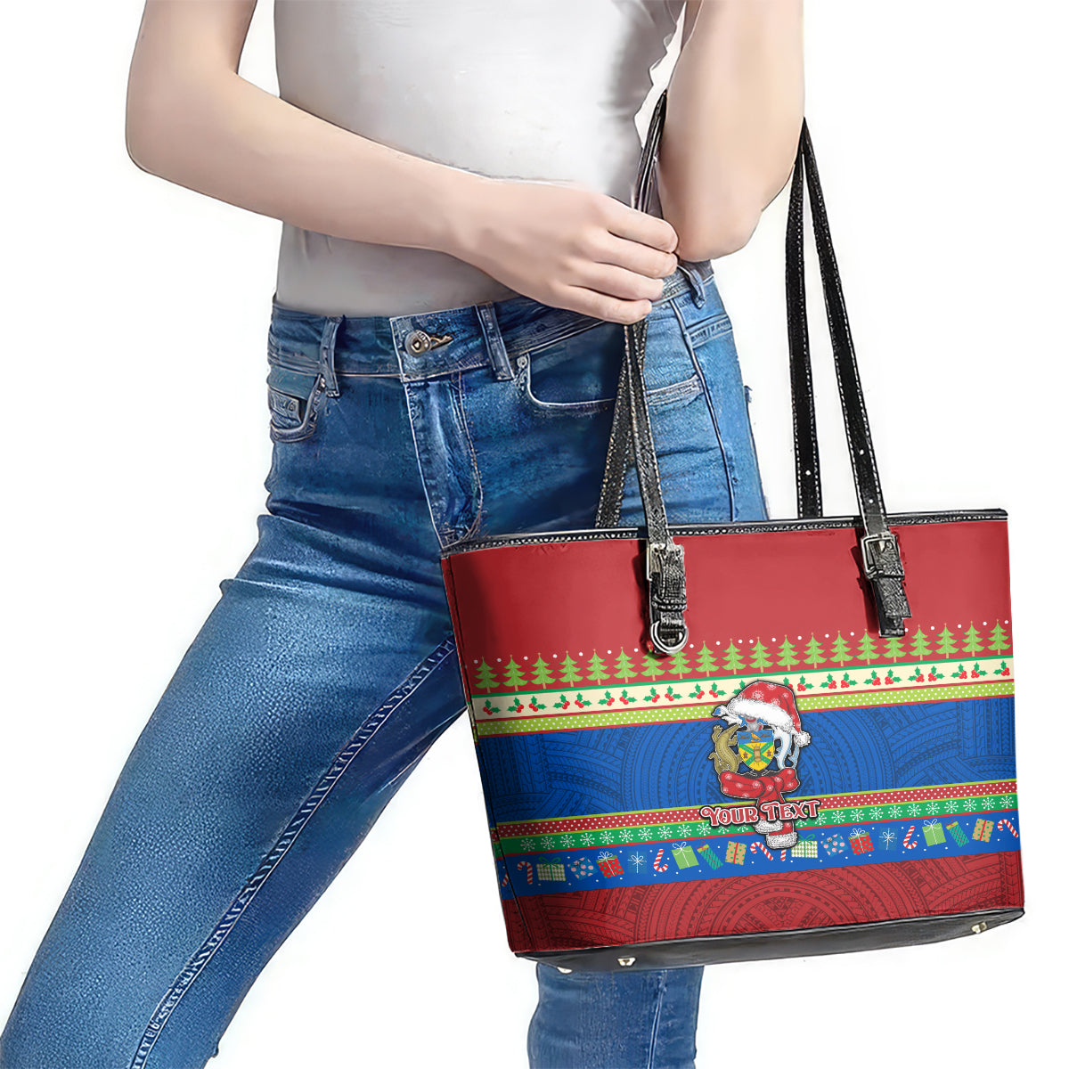 Personalised Solomon Islands Christmas Leather Tote Bag Santa With Flag Of Solomon Polynesian Tribal Xmas Vibe LT03 - Polynesian Pride