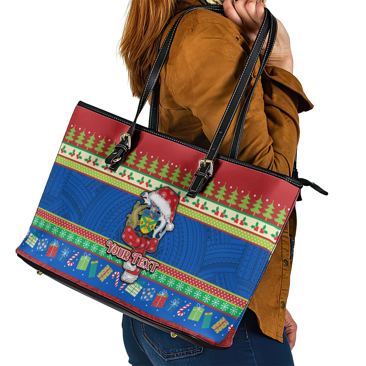 Personalised Solomon Islands Christmas Leather Tote Bag Santa With Flag Of Solomon Polynesian Tribal Xmas Vibe LT03 - Polynesian Pride