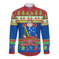 Personalised Solomon Islands Christmas Long Sleeve Button Shirt Santa With Flag Of Solomon Polynesian Tribal Xmas Vibe LT03 Unisex Blue - Polynesian Pride