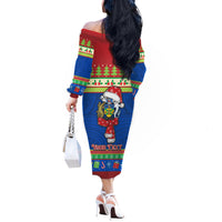 Personalised Solomon Islands Christmas Off The Shoulder Long Sleeve Dress Santa With Flag Of Solomon Polynesian Tribal Xmas Vibe LT03 - Polynesian Pride