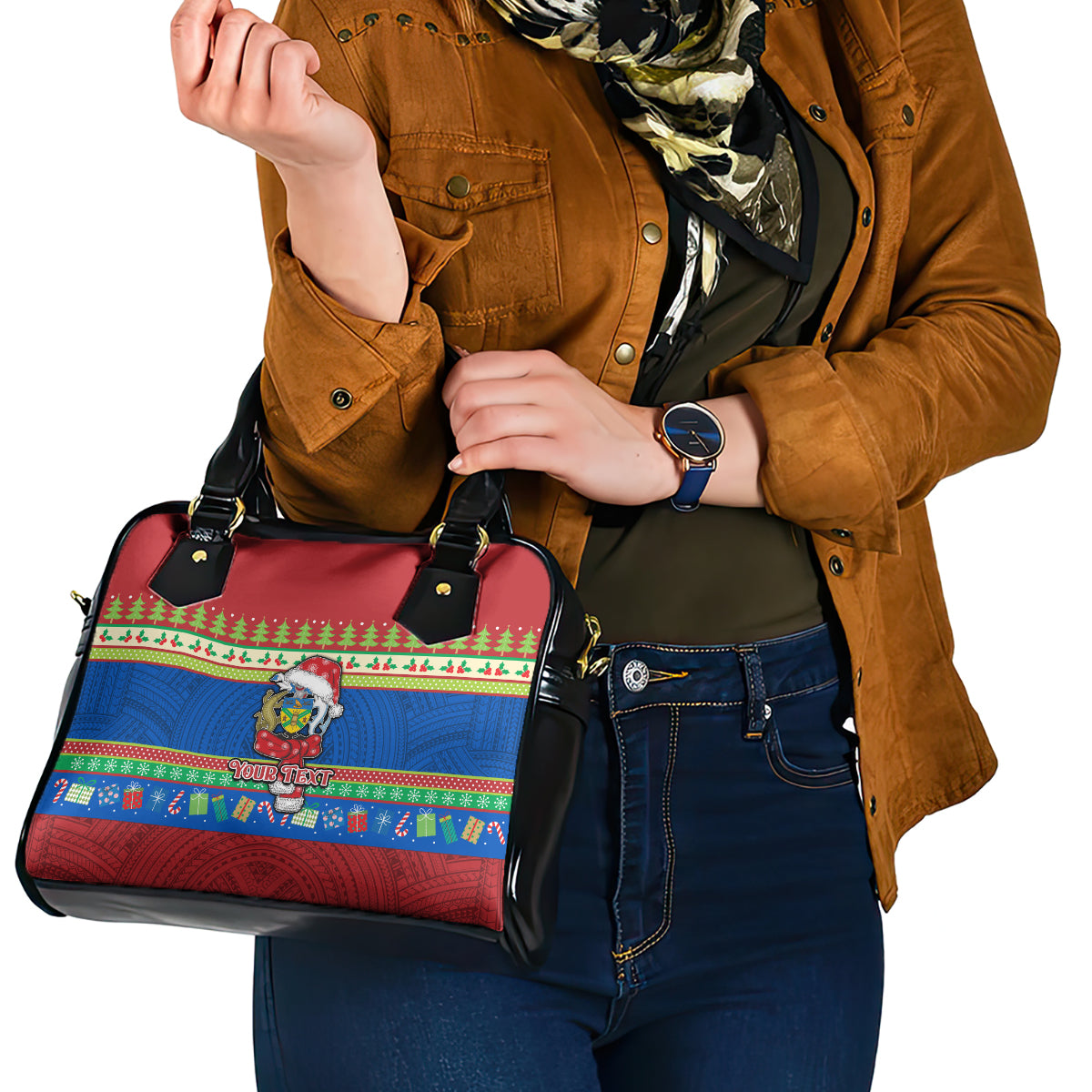 Personalised Solomon Islands Christmas Shoulder Handbag Santa With Flag Of Solomon Polynesian Tribal Xmas Vibe LT03 - Polynesian Pride