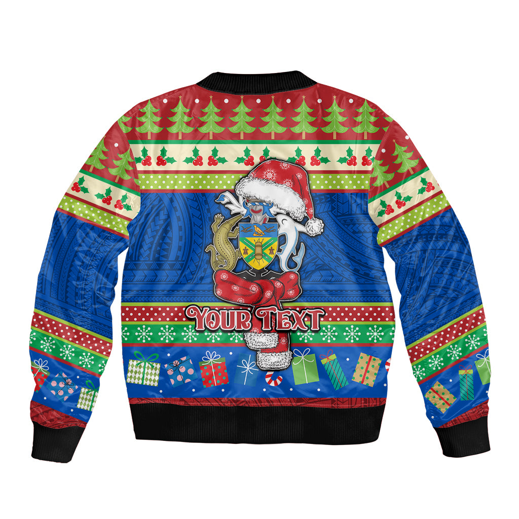 Personalised Solomon Islands Christmas Sleeve Zip Bomber Jacket Santa With Flag Of Solomon Polynesian Tribal Xmas Vibe LT03 - Polynesian Pride