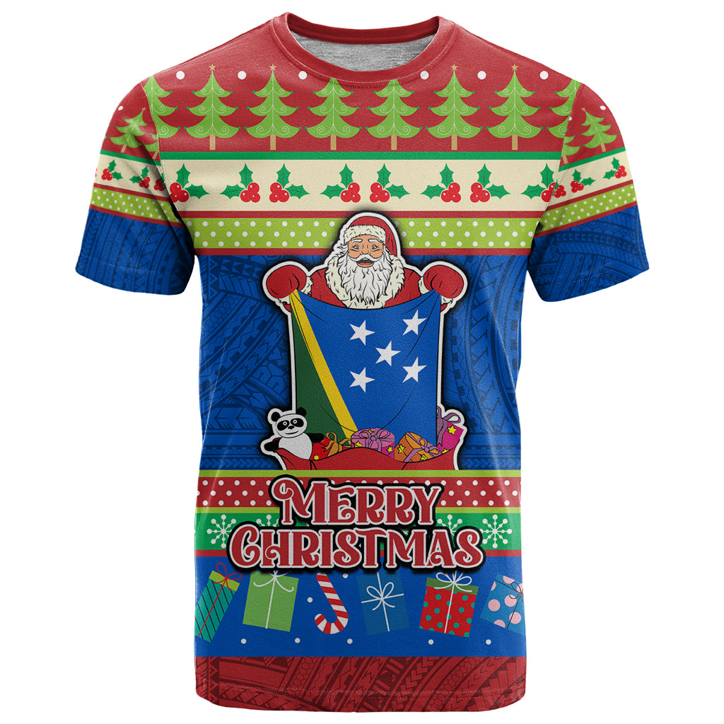 Personalised Solomon Islands Christmas T Shirt Santa With Flag Of Solomon Polynesian Tribal Xmas Vibe LT03 Blue - Polynesian Pride