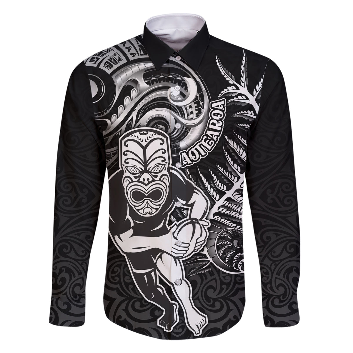 Personalised New Zealand Rugby Family Matching Short Sleeve Bodycon Dress and Hawaiian Shirt Maori Warrior Rugby with Silver Fern Sleeve Tribal Ethnic Style LT03 Dad's Shirt - Long Sleeve Black - Polynesian Pride