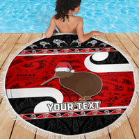Personalized New Zealand Christmas Beach Blanket Santa Haka Fern and Kiwi Bird Tino Rangatiratanga Maori Flag Style LT03 - Polynesian Pride