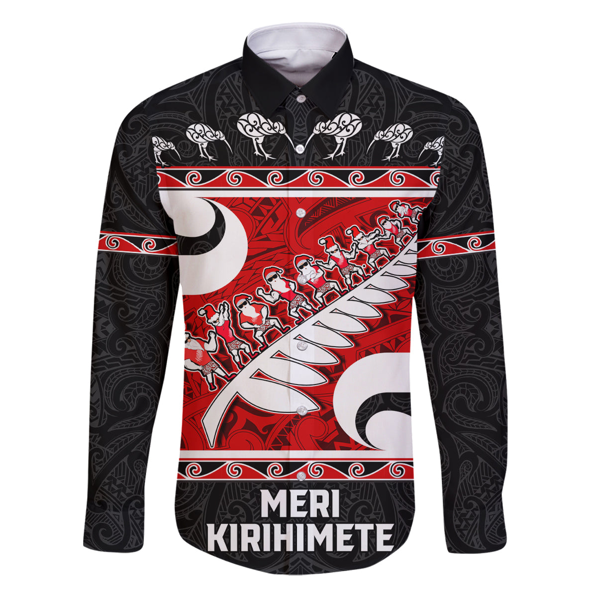 Personalized New Zealand Christmas Family Matching Off Shoulder Maxi Dress and Hawaiian Shirt Santa Haka Fern and Kiwi Bird Tino Rangatiratanga Maori Flag Style LT03 Dad's Shirt - Long Sleeve Black - Polynesian Pride