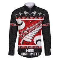 Personalized New Zealand Christmas Family Matching Off Shoulder Short Dress and Hawaiian Shirt Santa Haka Fern and Kiwi Bird Tino Rangatiratanga Maori Flag Style LT03 Dad's Shirt - Long Sleeve Black - Polynesian Pride