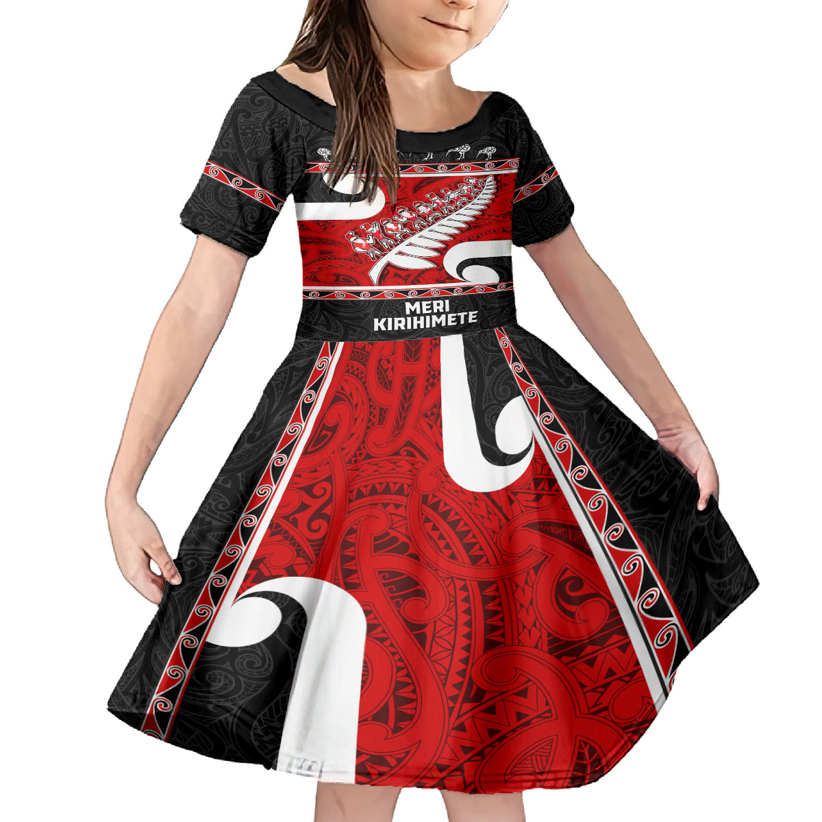Personalized New Zealand Christmas Family Matching Summer Maxi Dress and Hawaiian Shirt Santa Haka Fern and Kiwi Bird Tino Rangatiratanga Maori Flag Style LT03 Daughter's Dress Black - Polynesian Pride