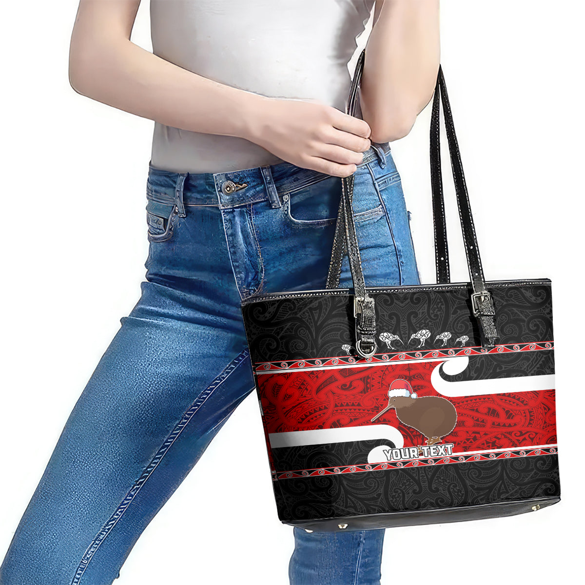 Personalized New Zealand Christmas Leather Tote Bag Santa Haka Fern and Kiwi Bird Tino Rangatiratanga Maori Flag Style LT03 - Polynesian Pride