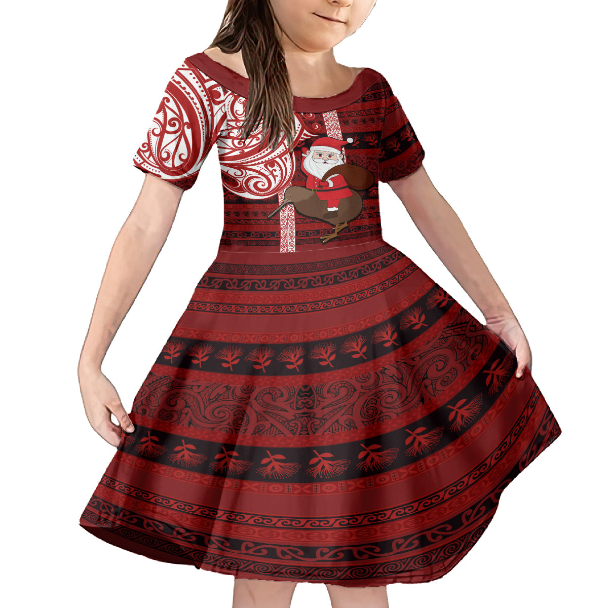 Personalized New Zealand Christmas Family Matching Long Sleeve Bodycon Dress and Hawaiian Shirt Santa Claus and Kiwi Bird Maori Tattoo Koru Pattern LT03 Daughter's Dress Red - Polynesian Pride