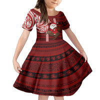 Personalized New Zealand Christmas Family Matching Long Sleeve Bodycon Dress and Hawaiian Shirt Santa Claus and Kiwi Bird Maori Tattoo Koru Pattern LT03 Daughter's Dress Red - Polynesian Pride