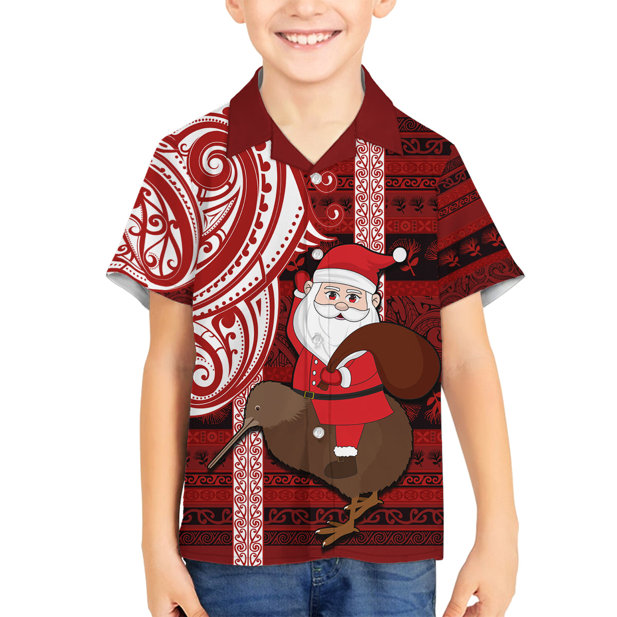 Personalized New Zealand Christmas Family Matching Summer Maxi Dress and Hawaiian Shirt Santa Claus and Kiwi Bird Maori Tattoo Koru Pattern LT03 Son's Shirt Red - Polynesian Pride