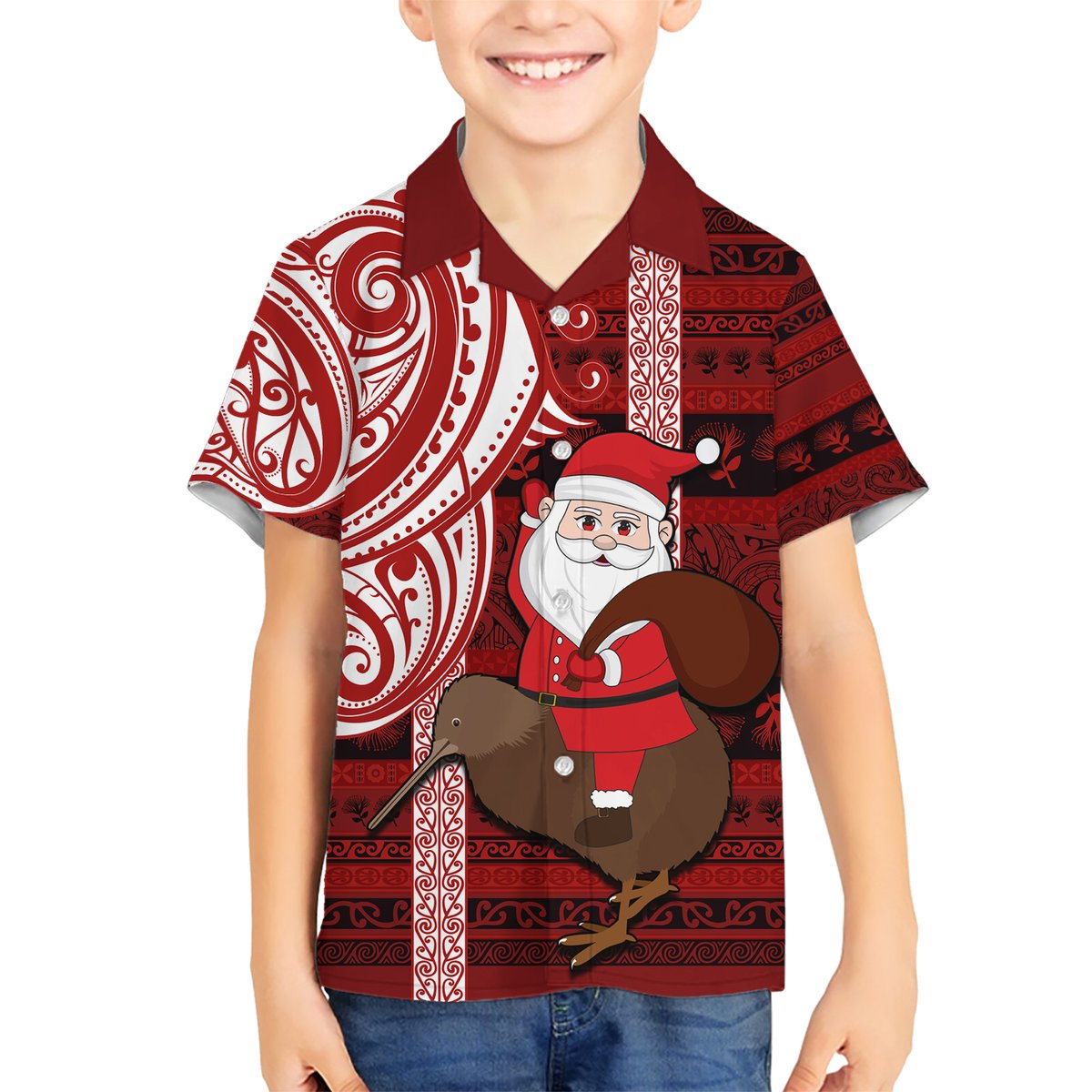 Personalized New Zealand Christmas Hawaiian Shirt Santa Claus and Kiwi Bird Maori Tattoo Koru Pattern LT03 - Polynesian Pride