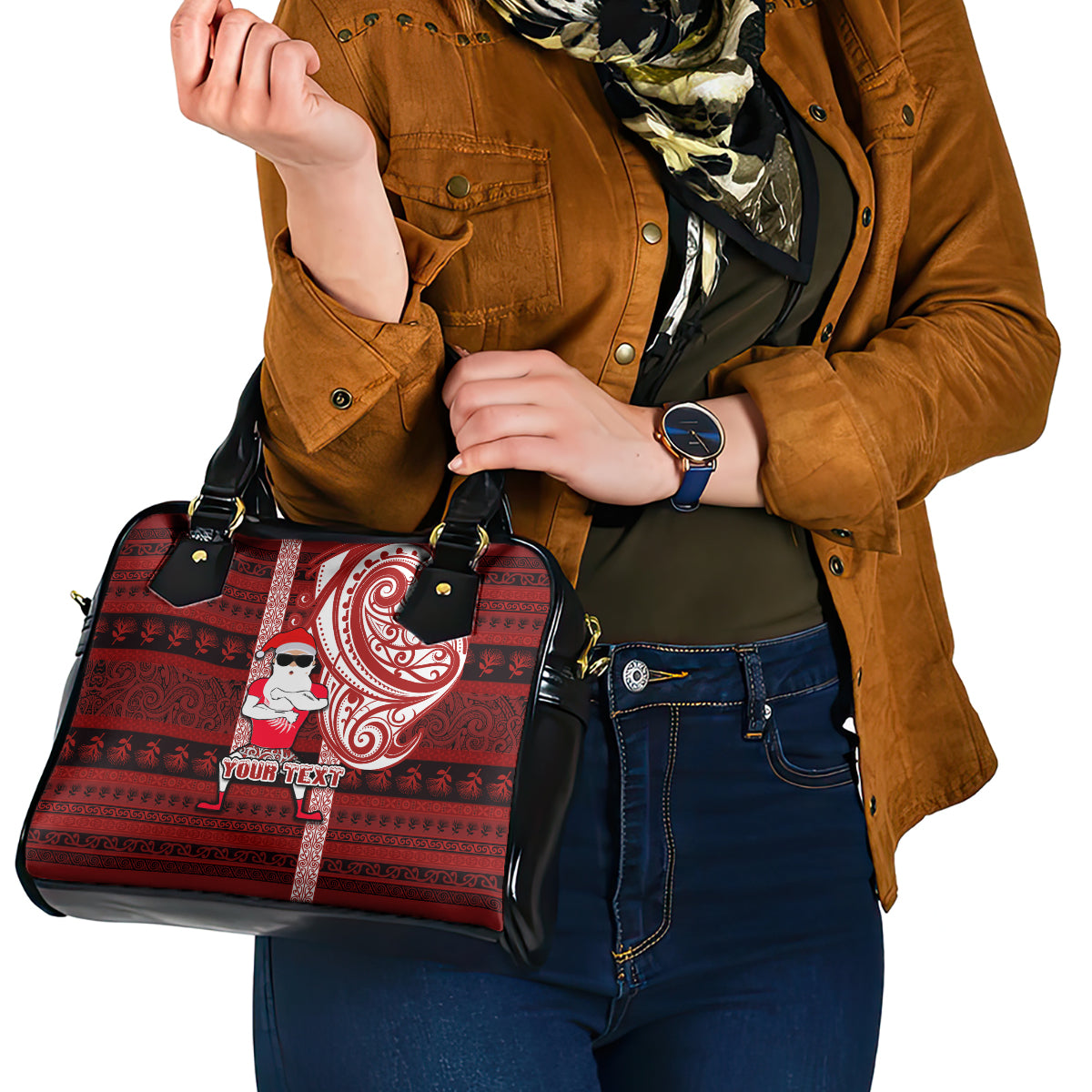 Personalized New Zealand Christmas Shoulder Handbag Santa Claus and Kiwi Bird Maori Tattoo Koru Pattern LT03 - Polynesian Pride