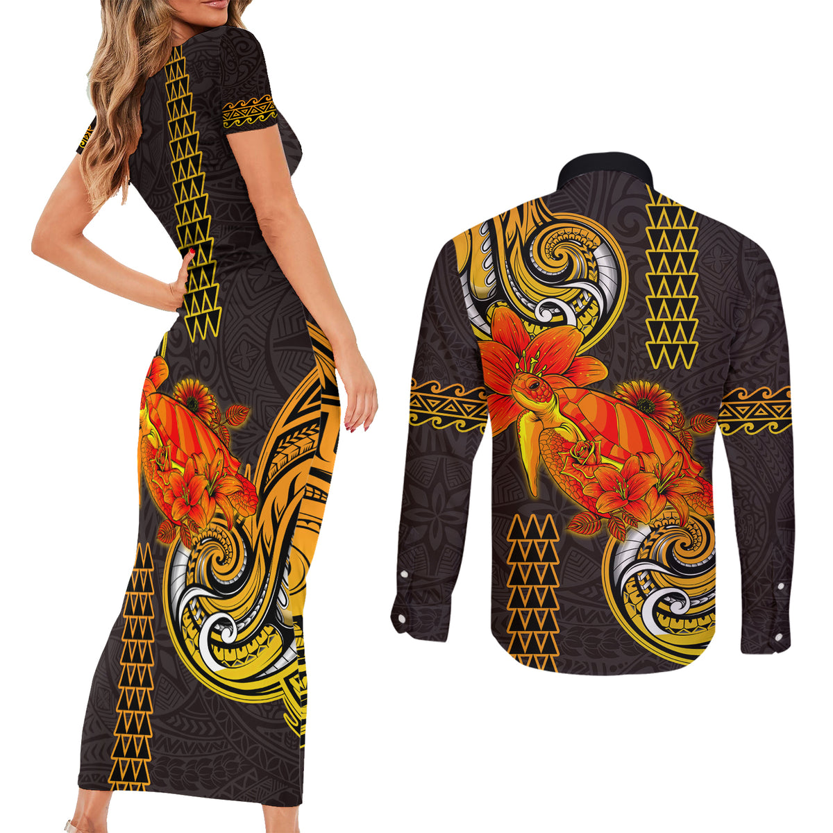 Hawaii Turtle Hibiscus Flower Couples Matching Short Sleeve Bodycon Dress and Long Sleeve Button Shirt Polynesian Tattoo LT03 - Polynesian Pride
