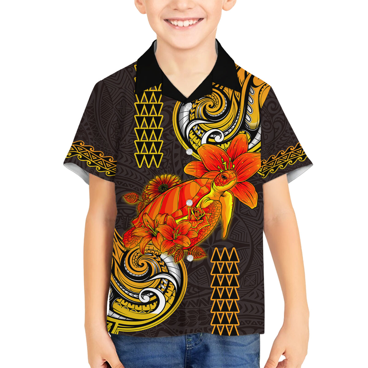 Hawaii Turtle Hibiscus Flower Family Matching Off Shoulder Long Sleeve Dress and Hawaiian Shirt Polynesian Tattoo LT03 Son's Shirt Black - Polynesian Pride