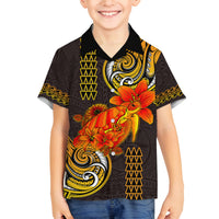 Hawaii Turtle Hibiscus Flower Family Matching Off Shoulder Long Sleeve Dress and Hawaiian Shirt Polynesian Tattoo LT03 Son's Shirt Black - Polynesian Pride