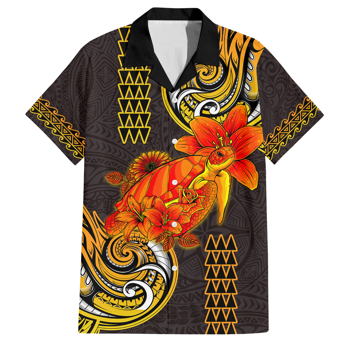 Hawaii Turtle Hibiscus Flower Family Matching Puletasi and Hawaiian Shirt Polynesian Tattoo LT03 Dad's Shirt - Short Sleeve Black - Polynesian Pride