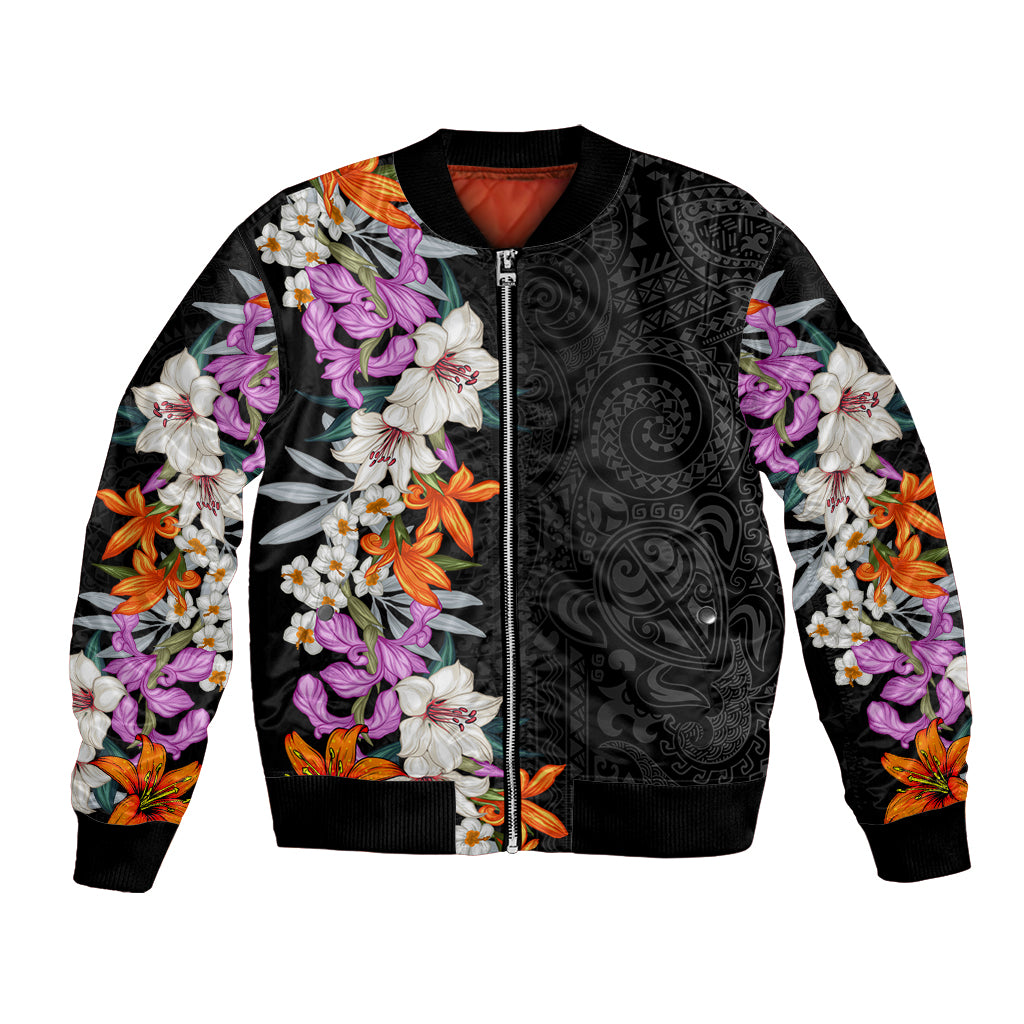 Hawaii Tropical Leaves and Flowers Bomber Jacket Tribal Polynesian Pattern LT03 Unisex Black - Polynesian Pride