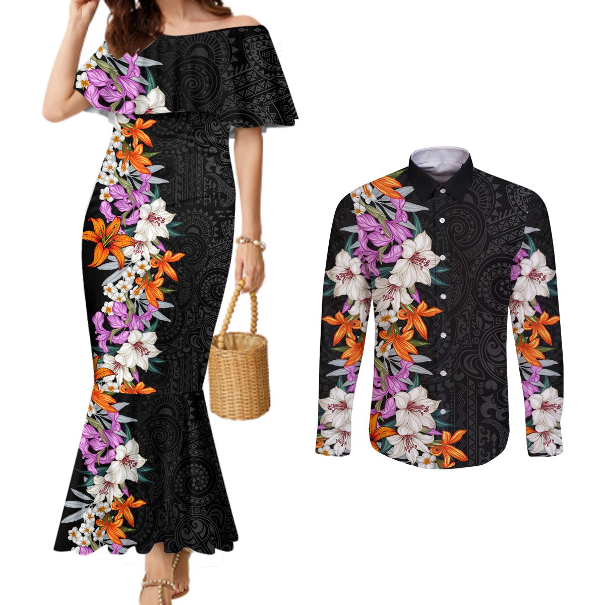 Hawaii Tropical Leaves and Flowers Couples Matching Mermaid Dress and Long Sleeve Button Shirt Tribal Polynesian Pattern LT03 Black - Polynesian Pride