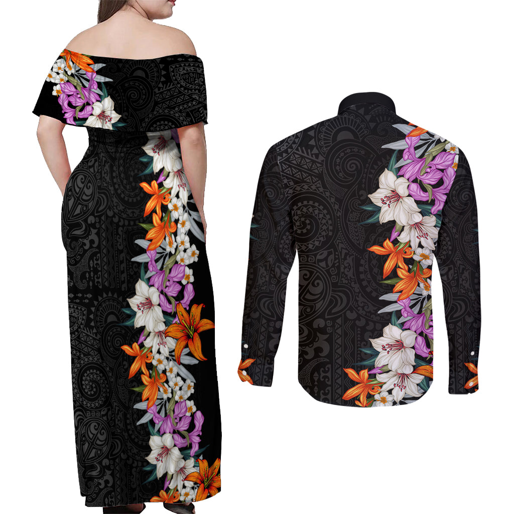 Hawaii Tropical Leaves and Flowers Couples Matching Off Shoulder Maxi Dress and Long Sleeve Button Shirt Tribal Polynesian Pattern LT03 - Polynesian Pride