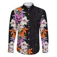 Hawaii Tropical Leaves and Flowers Family Matching Off Shoulder Short Dress and Hawaiian Shirt Tribal Polynesian Pattern LT03 Dad's Shirt - Long Sleeve Black - Polynesian Pride
