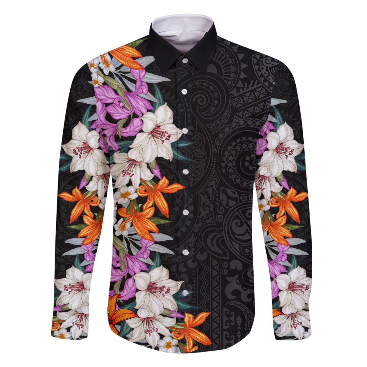 Hawaii Tropical Leaves and Flowers Family Matching Summer Maxi Dress and Hawaiian Shirt Tribal Polynesian Pattern LT03 Dad's Shirt - Long Sleeve Black - Polynesian Pride