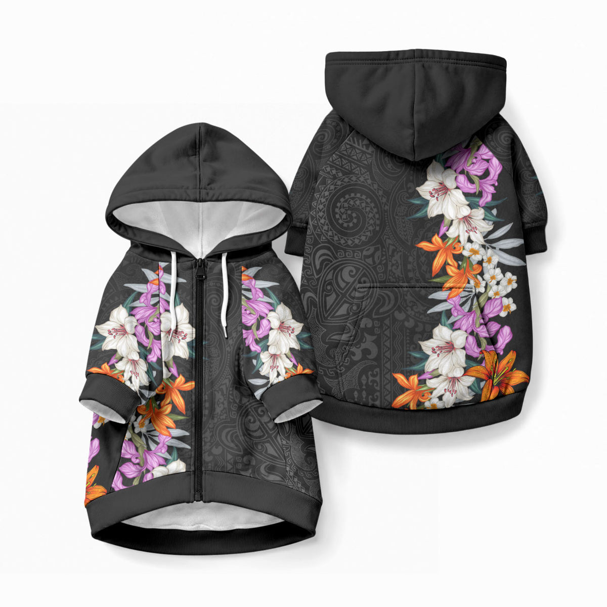 Hawaii Tropical Leaves and Flowers Pet Hoodie LT03 Zip-up Black - Polynesian Pride
