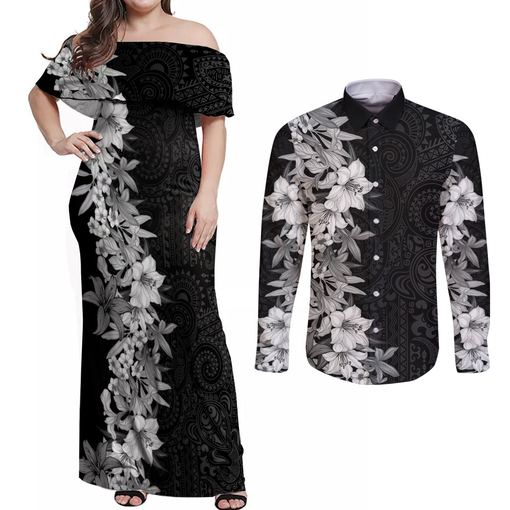 Hawaii Tropical Leaves and Flowers Couples Matching Off Shoulder Maxi Dress and Long Sleeve Button Shirt Tribal Polynesian Pattern Black White Style LT03 Black - Polynesian Pride
