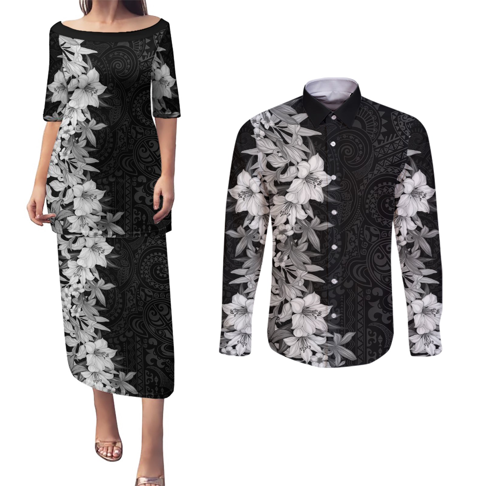 Hawaii Tropical Leaves and Flowers Couples Matching Puletasi and Long Sleeve Button Shirt Tribal Polynesian Pattern Black White Style LT03 Black - Polynesian Pride