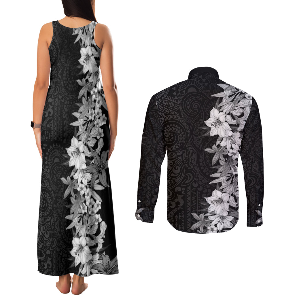 Hawaii Tropical Leaves and Flowers Couples Matching Tank Maxi Dress and Long Sleeve Button Shirt Tribal Polynesian Pattern Black White Style LT03 - Polynesian Pride