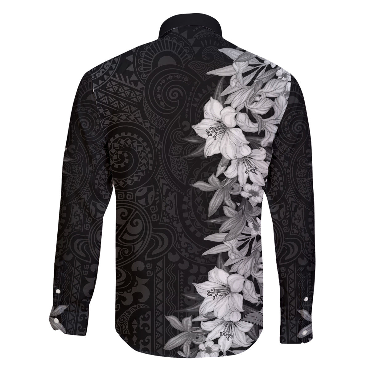 Hawaii Tropical Leaves and Flowers Family Matching Long Sleeve Bodycon Dress and Hawaiian Shirt Tribal Polynesian Pattern Black White Style LT03 - Polynesian Pride