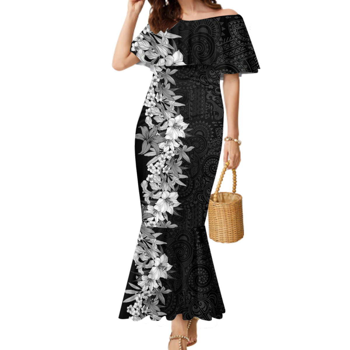 Hawaii Tropical Leaves and Flowers Family Matching Mermaid Dress and Hawaiian Shirt Tribal Polynesian Pattern Black White Style LT03 Mom's Dress Black - Polynesian Pride
